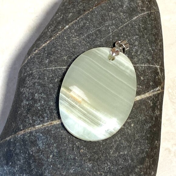 Natural Pale Green Onyx Pendant, Large Genuine Gemstone Oval Pendant - Picture 7 of 11